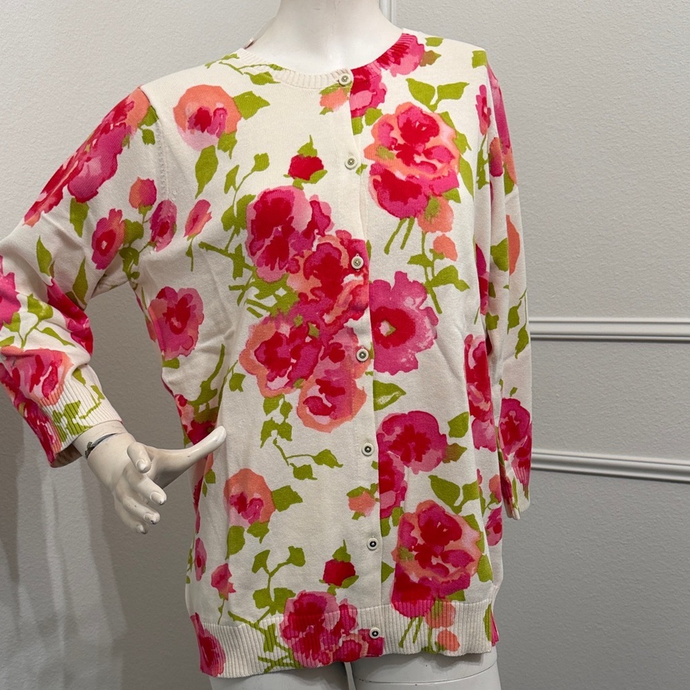 Isaac Mizrahi Pink Floral Button Down cardigan sweater